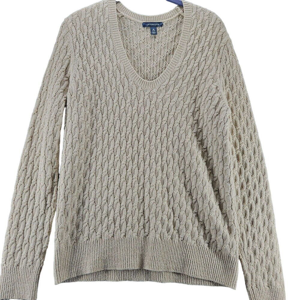 Land's End Womens Sweater Beige Size Medium Baumwolle Blend Pullover Long Sleeve